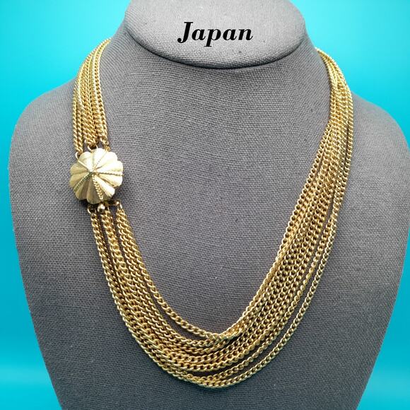 Vintage Japan Multi-Strand Gold Tone Necklace, Layered Chains, Floral Clasp, 19 - Picture 1 of 10